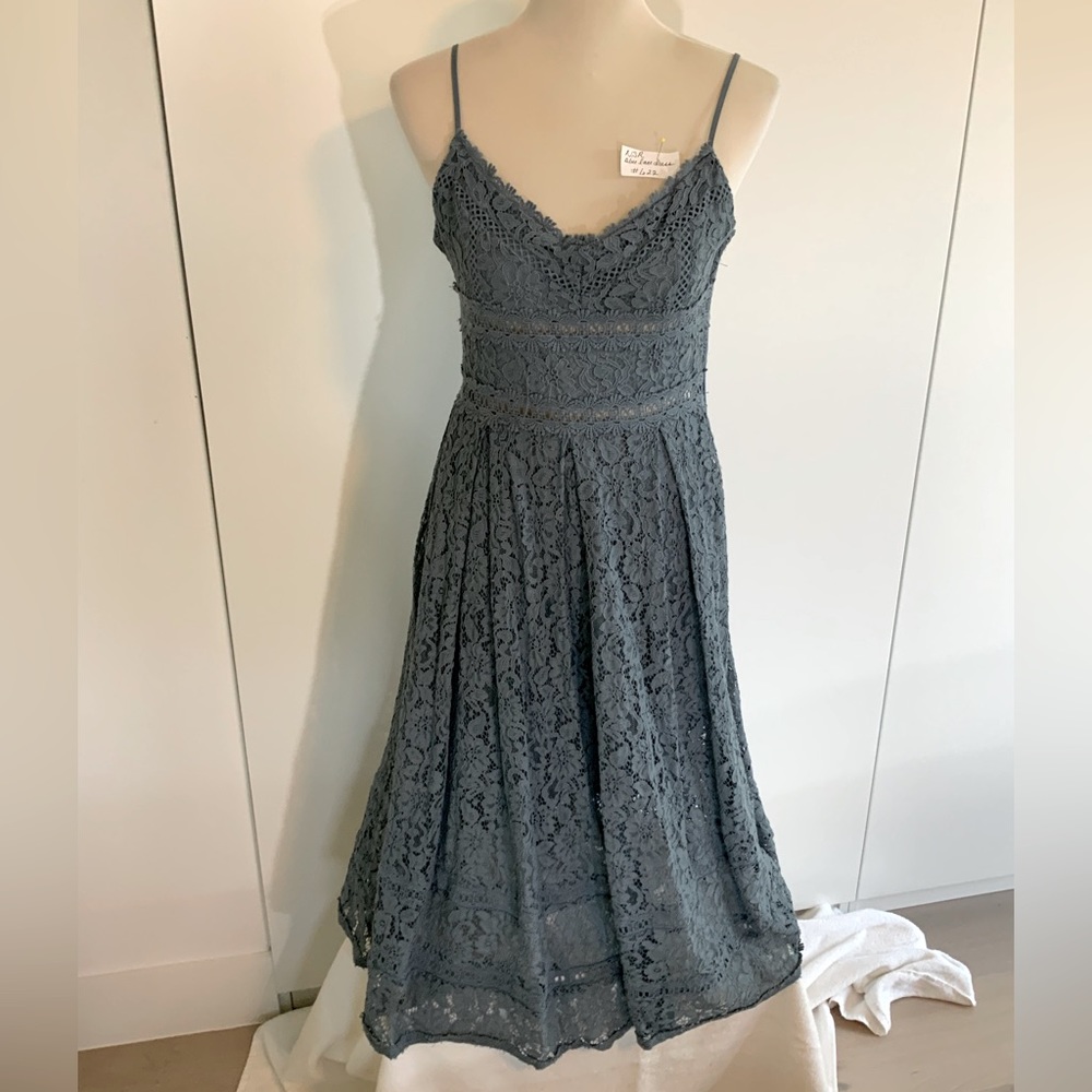 NSR - T-strap pleated at bodice, blue/gray lace dress.  Size S